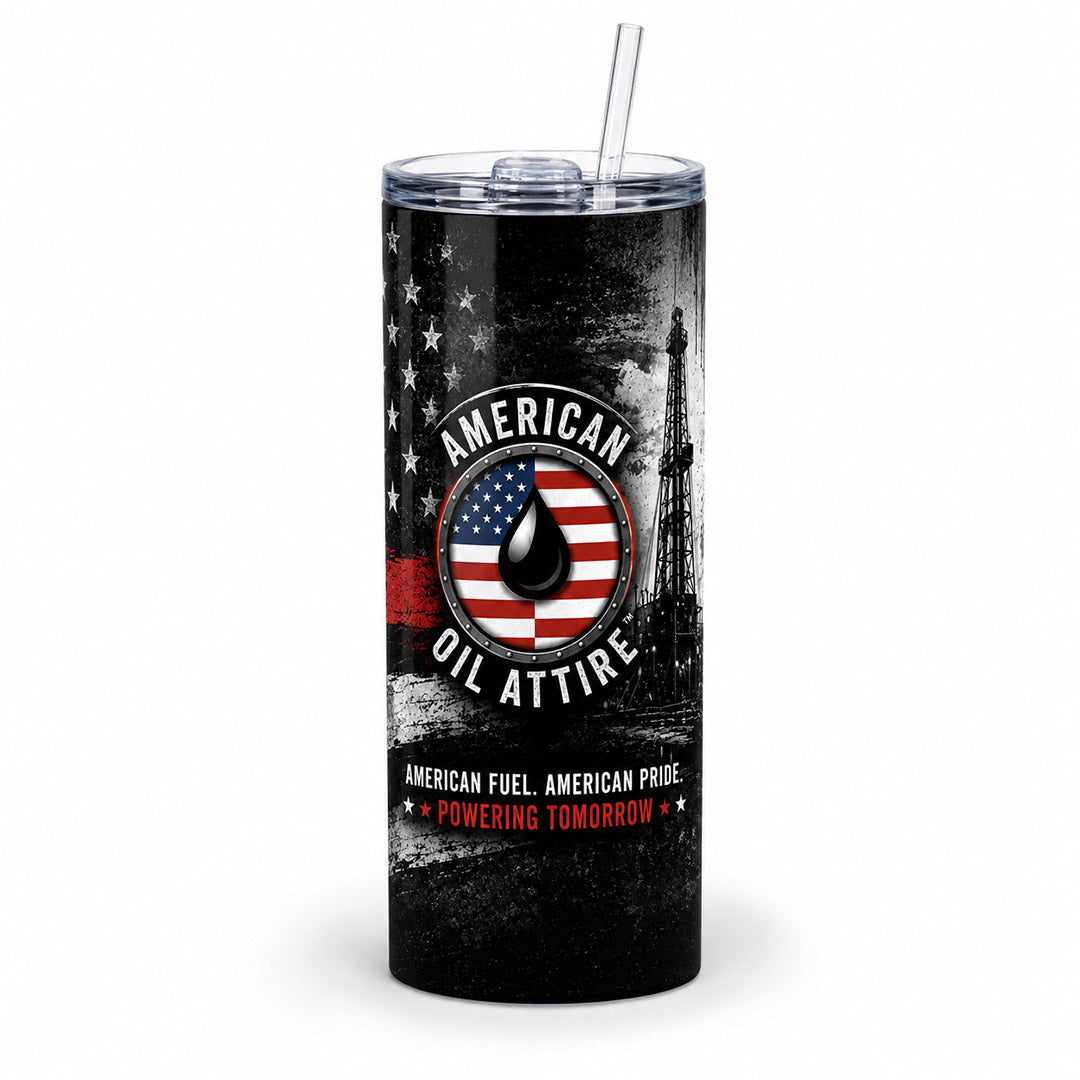 American Oil Attire™ American Fuel 20 oz tumbler with black distressed American flag design, drilling rig artwork, lid, and anti-slip bottom.