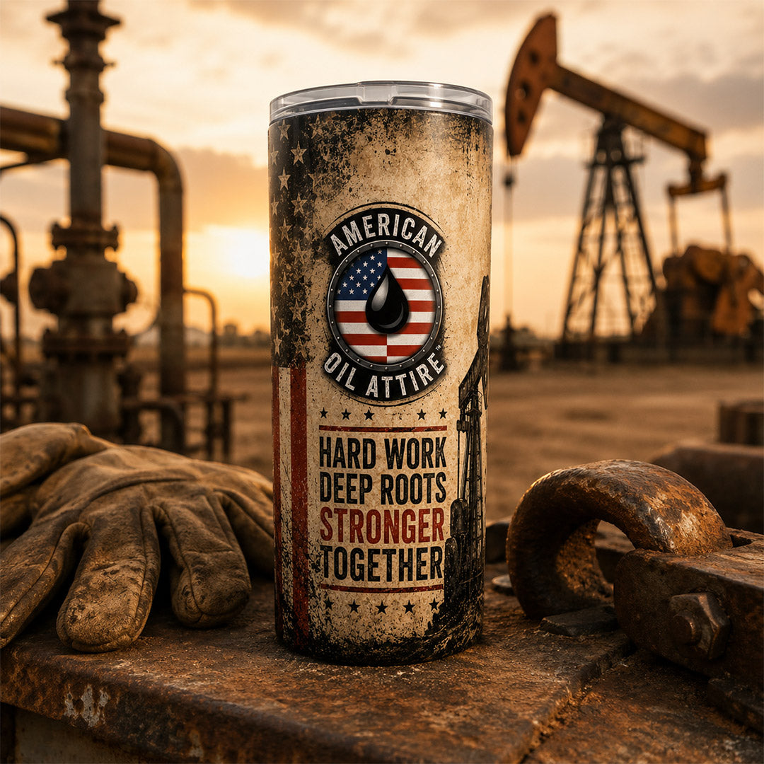 A weathered metal tumbler with a rustic oil-field theme stands on a rusty metal surface, with a pair of worn work gloves and industrial equipment blurred in the background at sunset. The tumbler features a distressed American flag design with a black oil drop logo and the text 'AMERICAN OIL ATTIRE' and 'HARD WORK DEEP ROOTS STRONGER TOGETHER'.