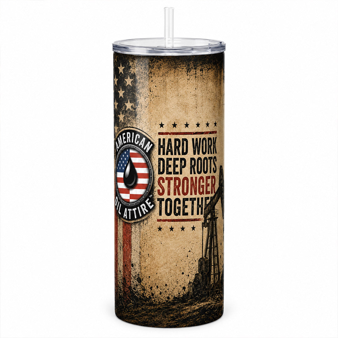 American Oil Attire™ Hard Work Deep Roots 20 oz tumbler with vintage distressed American flag design, pumpjack artwork, lid, and anti-slip bottom.