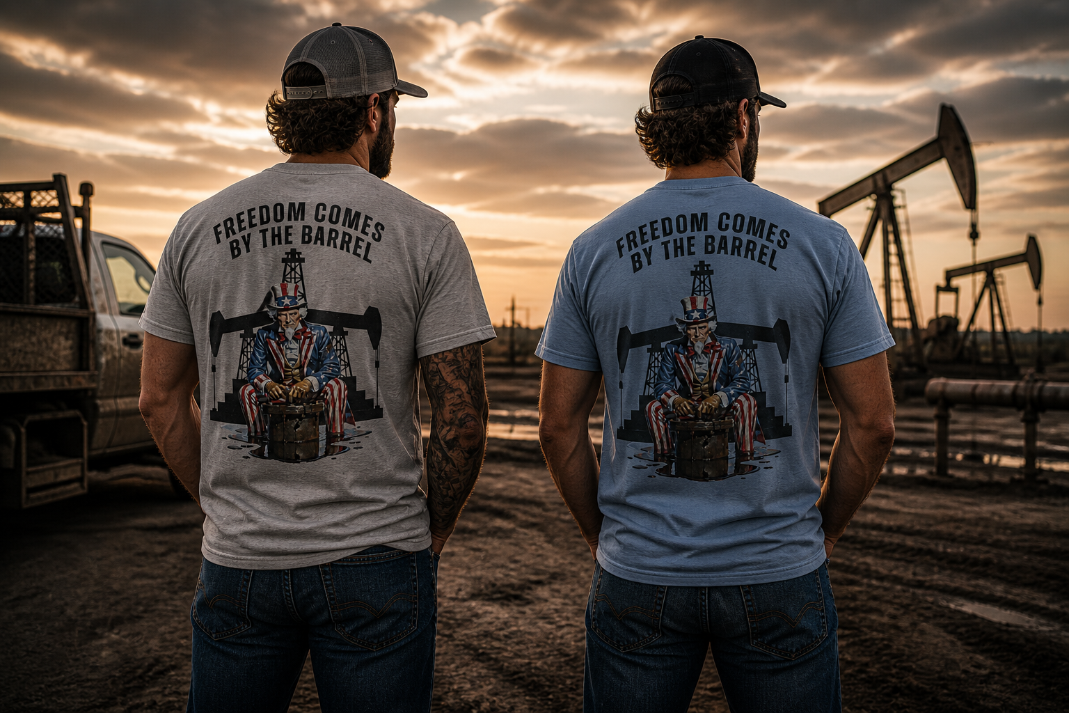 Two men wearing t-shirts with a graphic design and text 'Freedom Comes by the Barrel' in an oilfield setting.